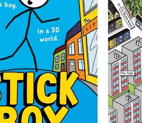 Photo of author Paul Coomey, cover of Stick Boy and an illustration from the book